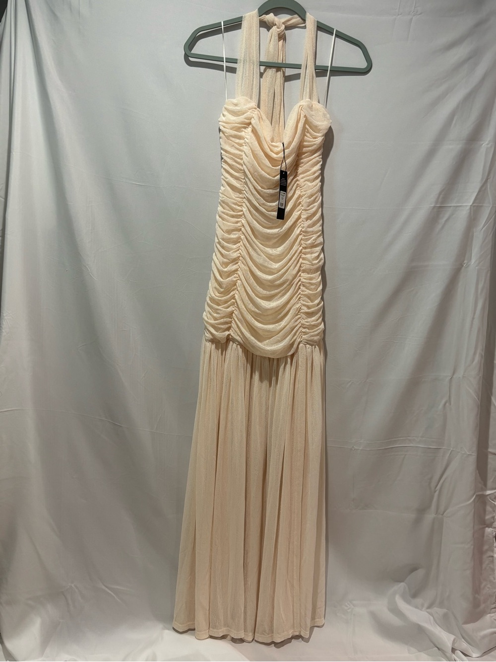 Fashion Nova Cream Ruched Halter Maxi Dress